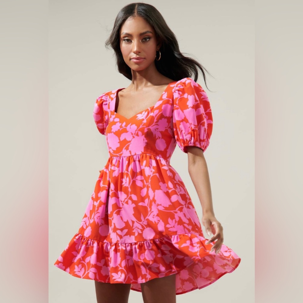 Sugarlips Pink and Cherry Red Puff Sleeve Floral Ruffle Hem Mini Dres